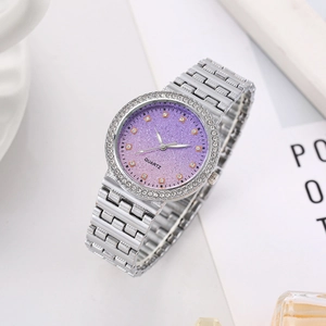 Women's silver luxury watch with diamond bezel and purple starry sky gradient dial