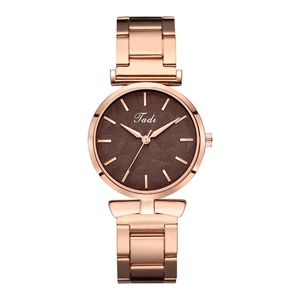 Detail of rose gold mesh watch with brown leaf-patterned dial and quartz movement