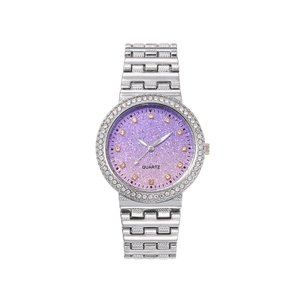 Women's quartz watch with silver metal chain strap and glitter purple gradient dial