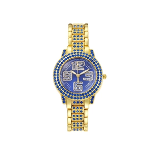 Women's gold fashion watch with blue rhinestones and crystal numerals on deep blue dial