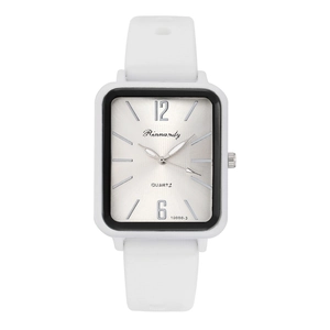 Modern white silicone square quartz watch with silver brushed dial and large numerals