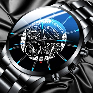 Montre quartz homme avec cadran bleu à trois yeux et bracelet en acier noir