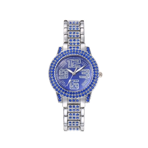 Elegant women's silver alloy watch with blue crystal bezel and large diamond numeric dial