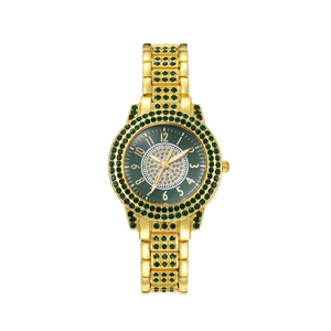 Detail of gold quartz watch featuring a green dial with crystal-encrusted bezel and numbers