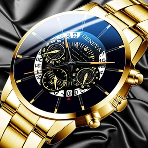 Montre homme Geneva dorée avec cadran noir et chronographe sur soie noire