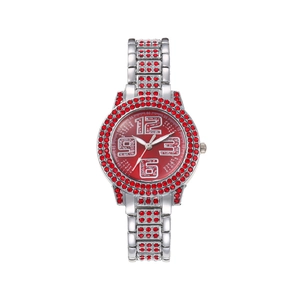 Elegant silver watch with sparkling red rhinestones and bold numbers on a vibrant red dial