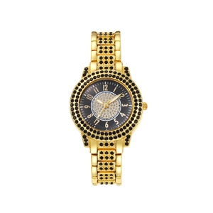 Luxury gold quartz watch for women with black diamonds and crystal paved dial