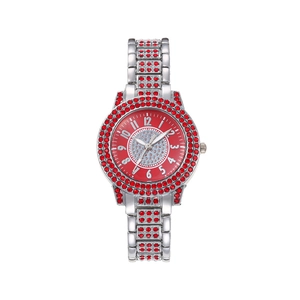 Luxury silver quartz watch with red crystals and red dial featuring Arabic numerals