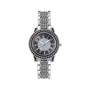 Women's quartz watch featuring black rhinestones and Arabic numerals on a silver metal band