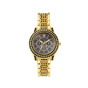 Détail du bracelet doré avec strass noirs et index du cadran en chiffres romains