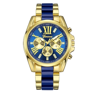 Luxury Geneva men's quartz watch with blue dial, gold Roman numerals and steel bracelet