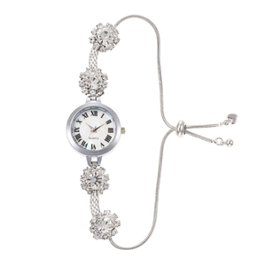 Orologio al quarzo da donna argento con numeri romani, cristalli e catena a cuore regolabile
