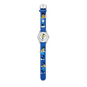 Détail du bracelet en caoutchouc bleu avec figurines de skateurs 3D pour enfants