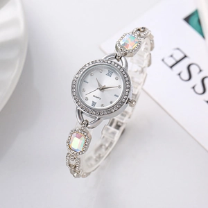 Women's quartz watch with sunburst dial, diamond bezel and rainbow gem bracelet
