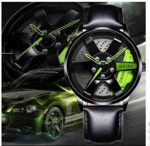 Men's quartz watch with black race car wheel hub dial and green brake caliper design
