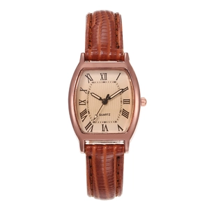 Montre tonneau classique pour femme avec boîtier or rose et bracelet en cuir brun