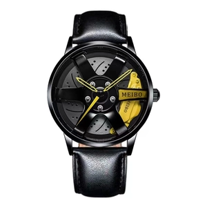 Men's car wheel rim watch with hollow sport dial and black leather strap design