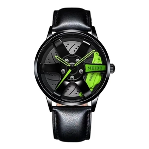 Men's fashion watch with 3D car wheel rim hub dial and black leather strap