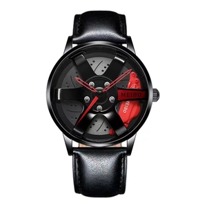 Men's sports watch with black leather strap and 3D car wheel hub dial design