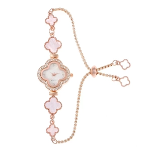 Rose gold clover bracelet watch for women with mother of pearl dial and rhinestone accents