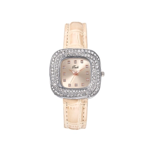 Macro shot of silver square quartz watch with crystal bezel and beige leather strap