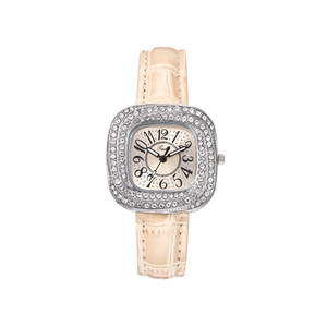 Détail de la lunette carrée en diamant et du bracelet en cuir beige pour cette montre