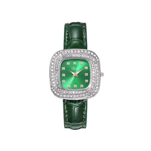 Detail of green sunburst square dial with rhinestone bezel and crocodile leather strap