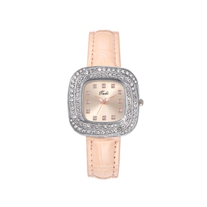 Elegant women's square quartz watch with rhinestone bezel and pink faux leather strap