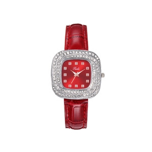 Luxury square quartz watch with red leather strap and diamond encrusted bezel for women