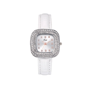 Women's quartz watch with square rhinestone case and white embossed leather strap