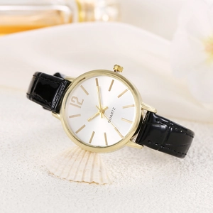 Elegant women's quartz watch with gold alloy case and black crocodile leather strap