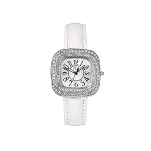 Montre carrée argentée pour femme avec lunette en strass et bracelet en cuir blanc