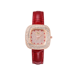 Fashionable square rose gold watch for women with red leather strap and diamond accents