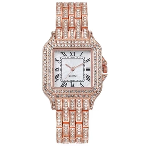 Orologio da donna al quarzo quadrato in oro rosa con cristalli e numeri romani