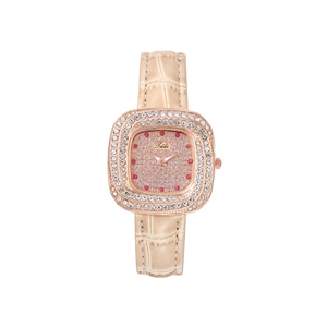 Elegant square rose gold watch with sparkling diamonds and beige leather strap