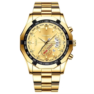 Montre homme luxe dorée surdimensionnée avec lunette octogonale et bracelet acier