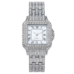 Orologio al quarzo quadrato argento con diamanti e quadrante con numeri romani
