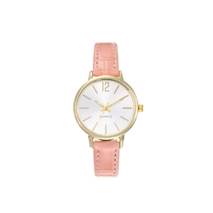 Elegant women's quartz watch with gold round case and pink crocodile leather strap