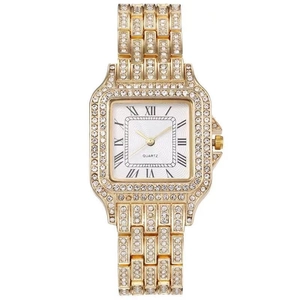 Orologio al quarzo quadrato dorato di lusso da donna con numeri romani e strass lucidi