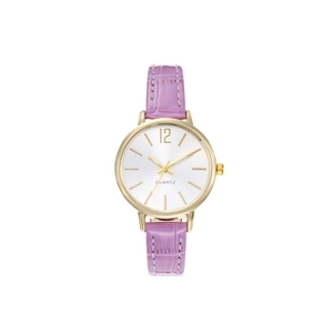 Elegant women's quartz watch with purple leather strap and golden round metal case