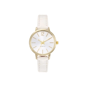 Minimalist women's quartz watch with white leather strap and gold case on white background