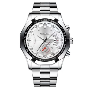 Montre d'affaires pour hommes avec bracelet en acier inoxydable argenté et cadran chronographe blanc
