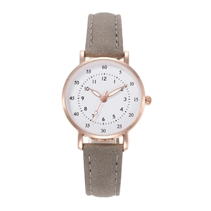 Minimalist quartz watch with rose gold case, white dial and grey suede leather strap