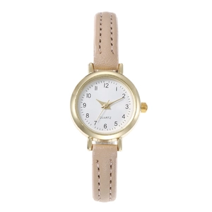 Montre quartz femme élégante avec boîtier doré rond, cadran blanc et bracelet cuir beige