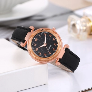 Starry sky dial ladies quartz watch with black matte leather strap and rose gold case
