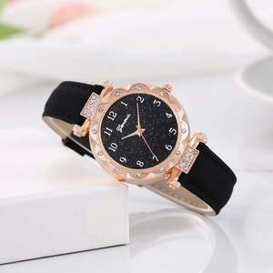 Elegant women's quartz watch with starry dial, diamond bezel and black leather strap