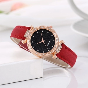 Women Quartz Watch Rose Gold Alloy Case Rhinestone Starry Sky Dial Elegant Faux Leather Strap Analog Fashion Ladies