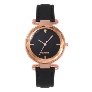 Women's quartz watch with black starry sky dial, rose gold case, and black leather strap