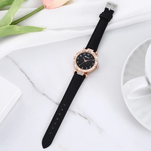 Elegant ladies quartz watch with starry sky dial and rose gold rhinestone-set case