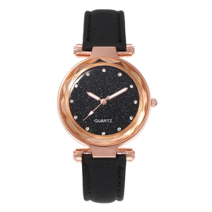 Elegant starry sky women's quartz watch with rose gold case and black leather strap